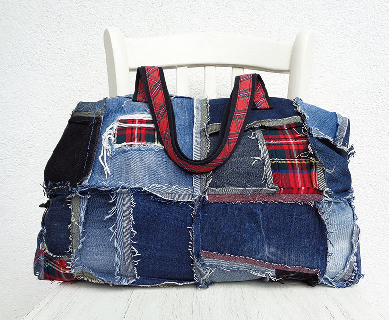 Denim bag made from scraps, reverse patchwork