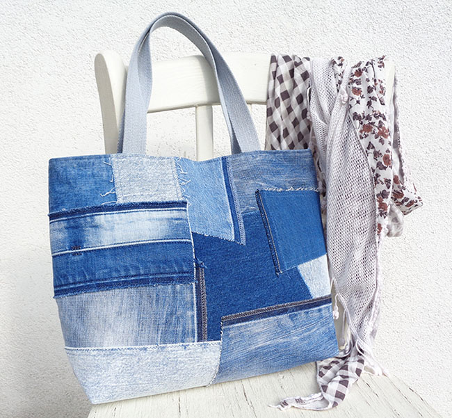 Crazy patchwork denim tote with closure