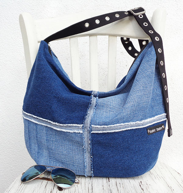Slouchy bag was made using reversed seams from denim